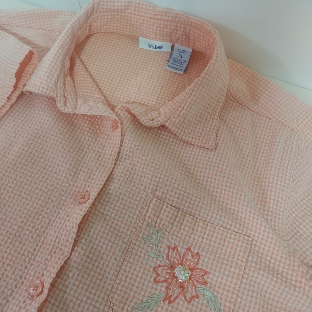 Ms Lee Womens‎ Coral Gingham Seersucker Embroidered Flower Shirt Top XL